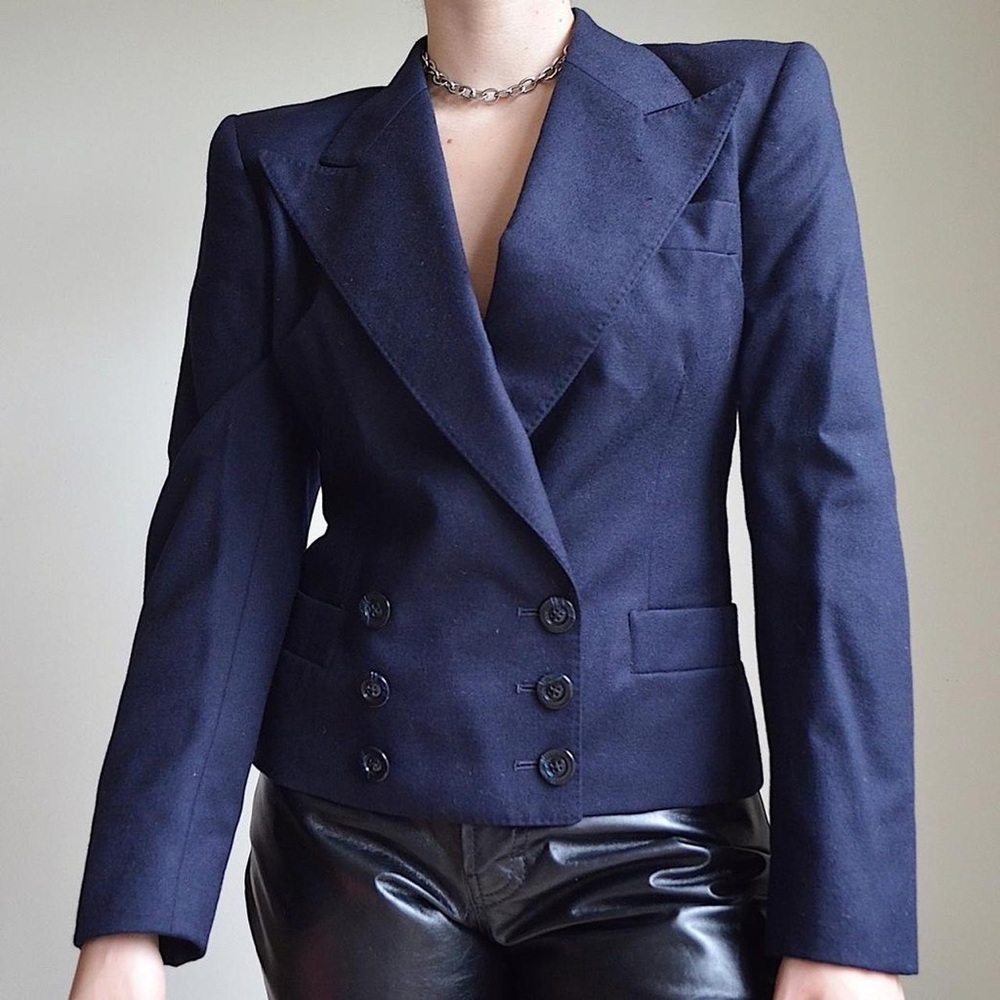 vintage 80s navy blue blazer jacket with winged collar from arthur chapnik